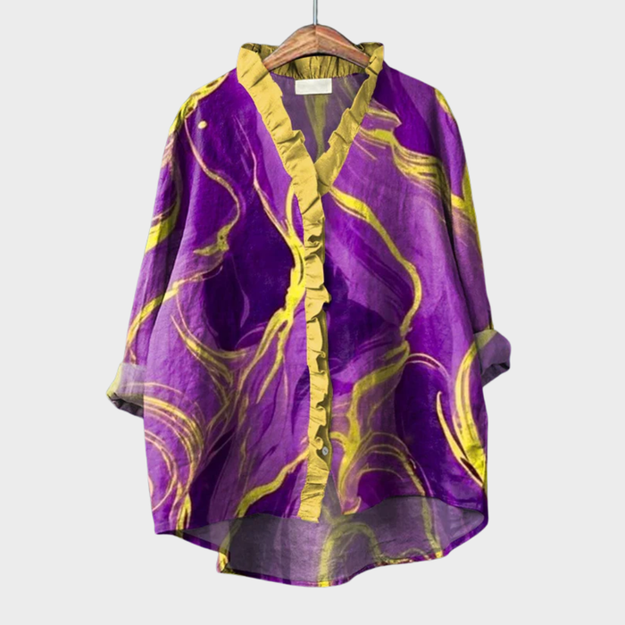 Elegant Summer Blouse in Purple and Gold Brushstroke
