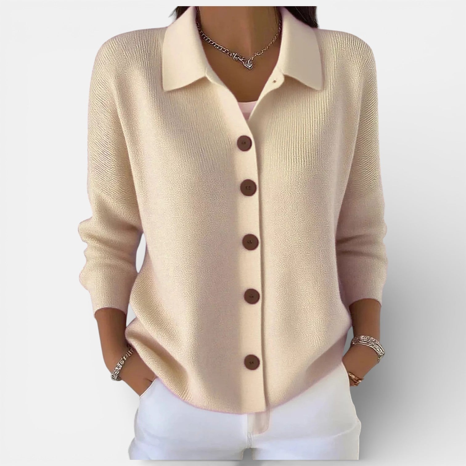 Rosanna | Knit Polo-Collar Button Blouse Apricot, studio photo