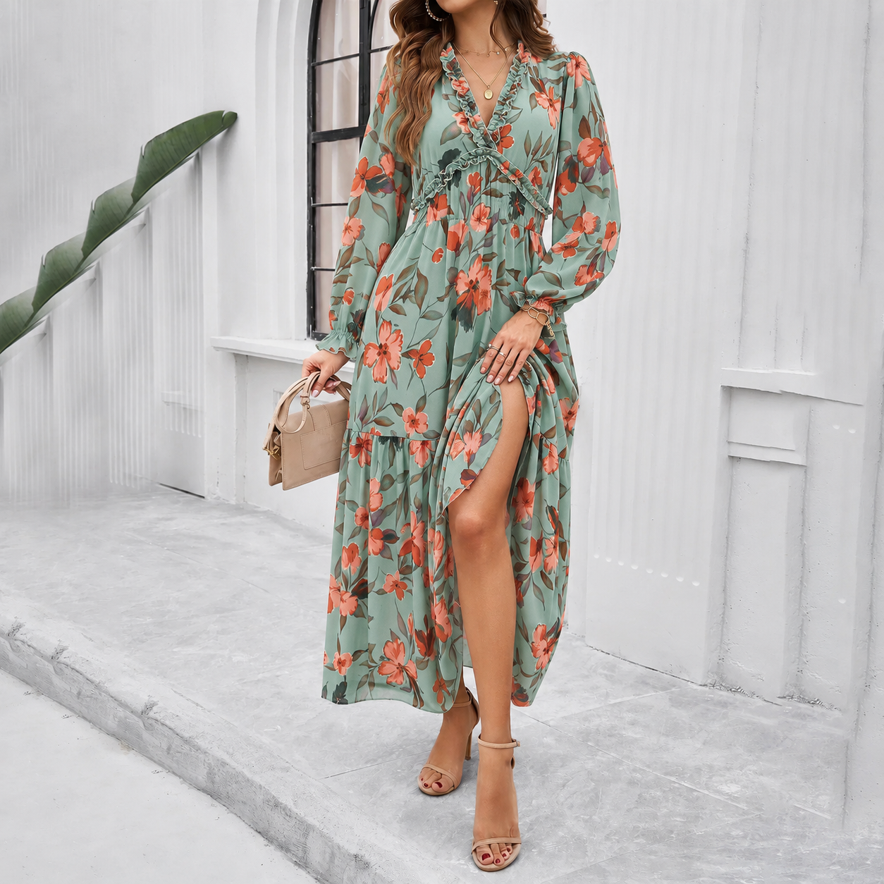 Hester | Elegant Floral Print Dress Green, studio photo
