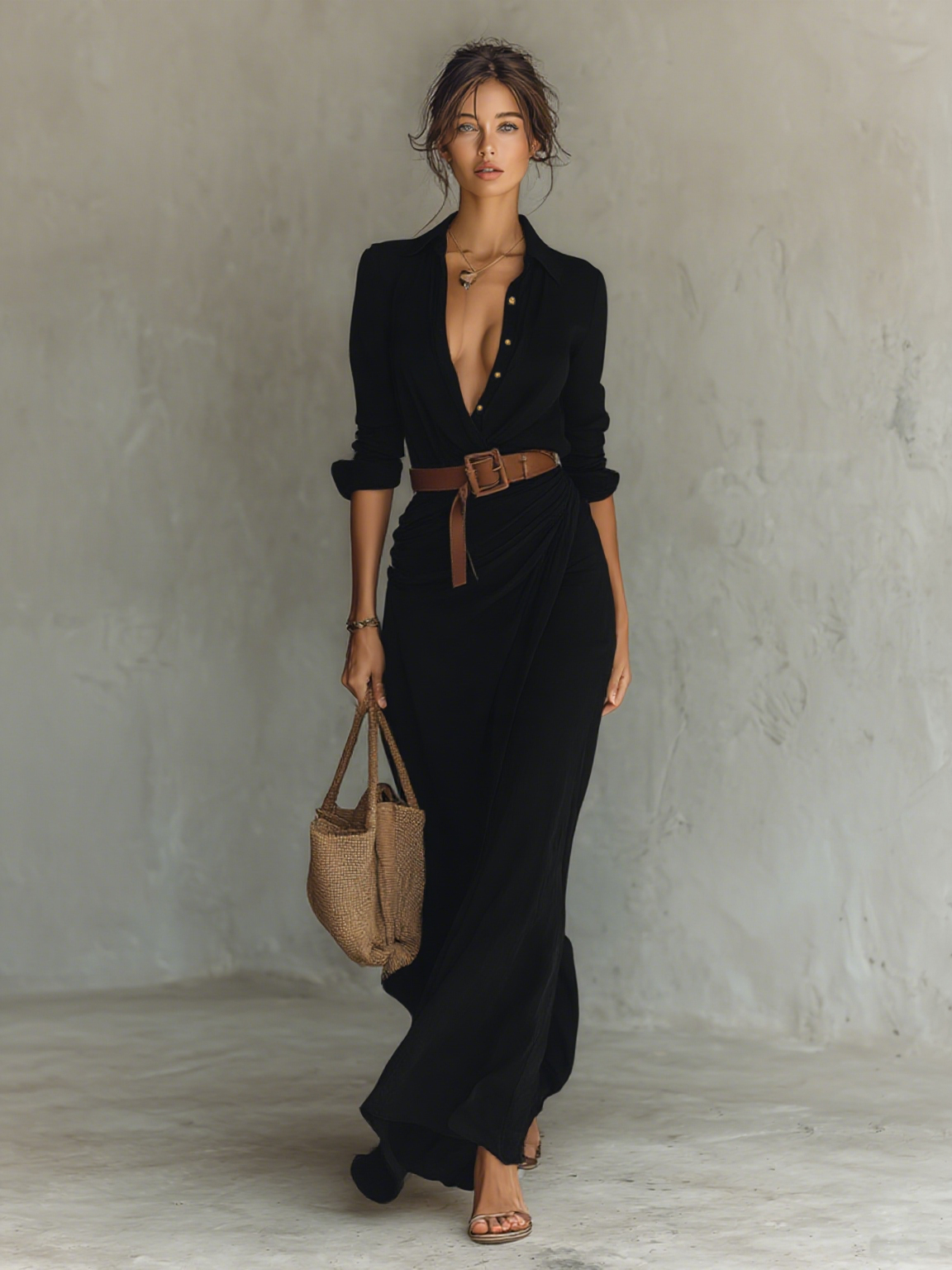Caroline | Belted Shirt-Style Maxi Dress Black, studio photo