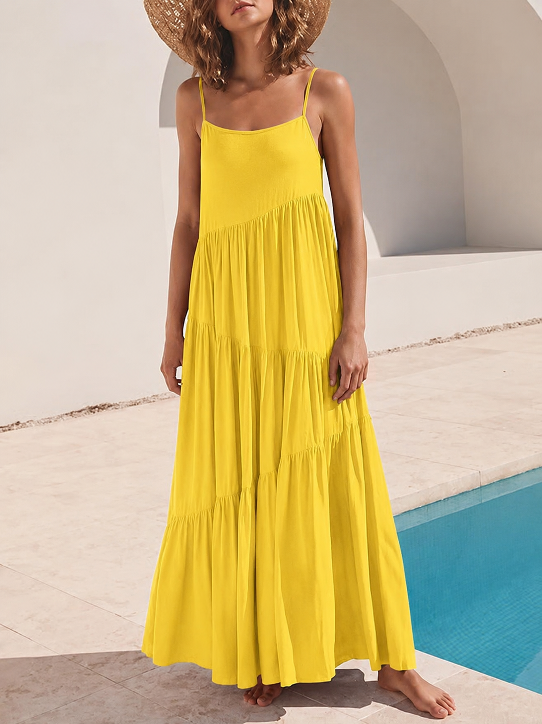Eloisa | Airy Tiered Ruffle Dress Yellow, studio photo