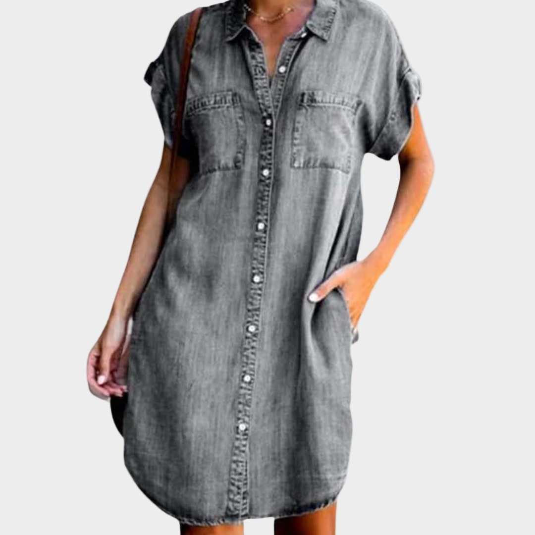Short Buttoned Denim Dress with Chest Pockets Grey, studio photo