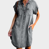 Short Buttoned Denim Dress with Chest Pockets