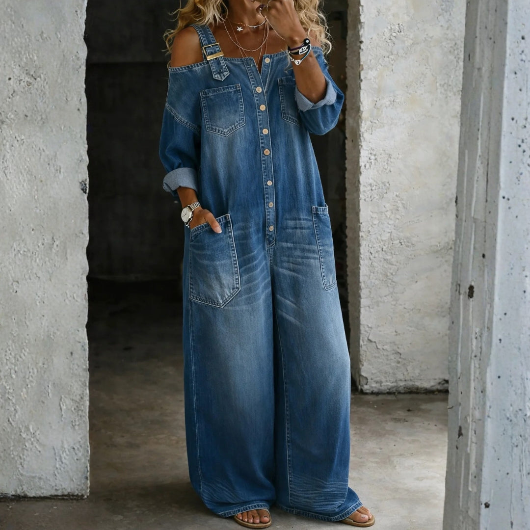 Off-the-Shoulder Denim Overalls with Pockets