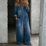 Off-the-Shoulder Denim Overalls with Pockets