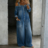 Off-the-Shoulder Denim Overalls with Pockets
