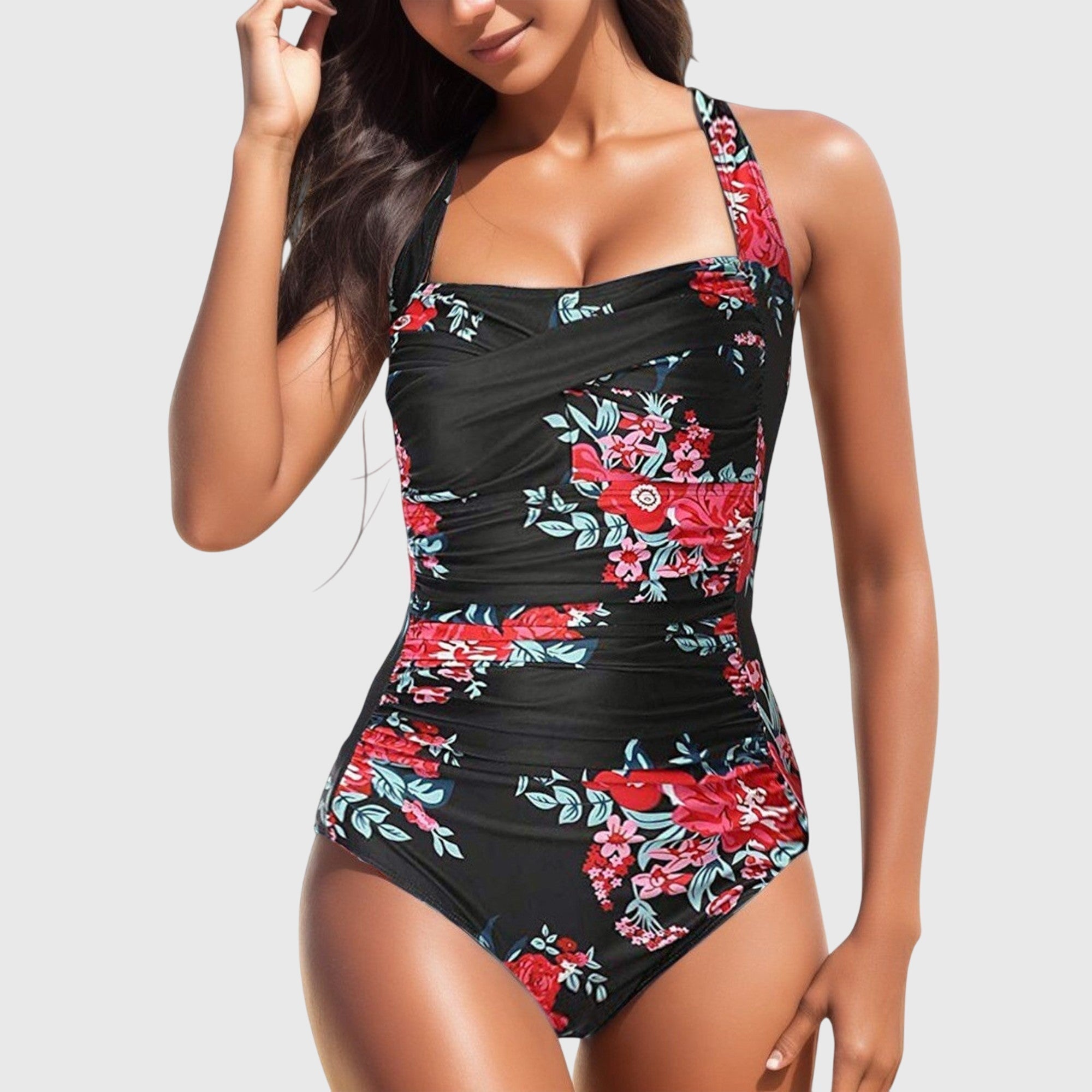 Floral One-Piece Swimsuit Black-Red, photo studio