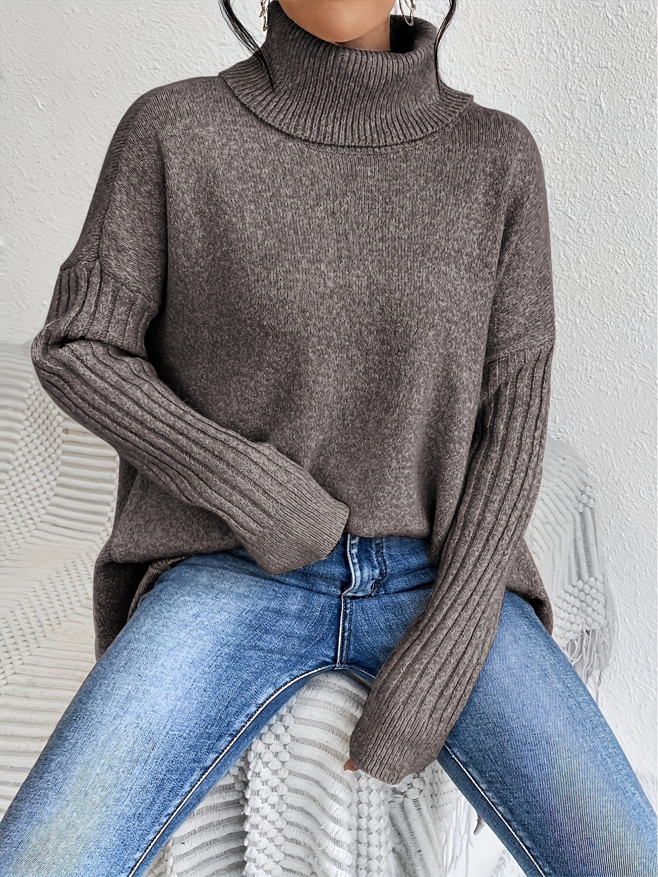 Long Split-Hem Turtleneck Jumper
