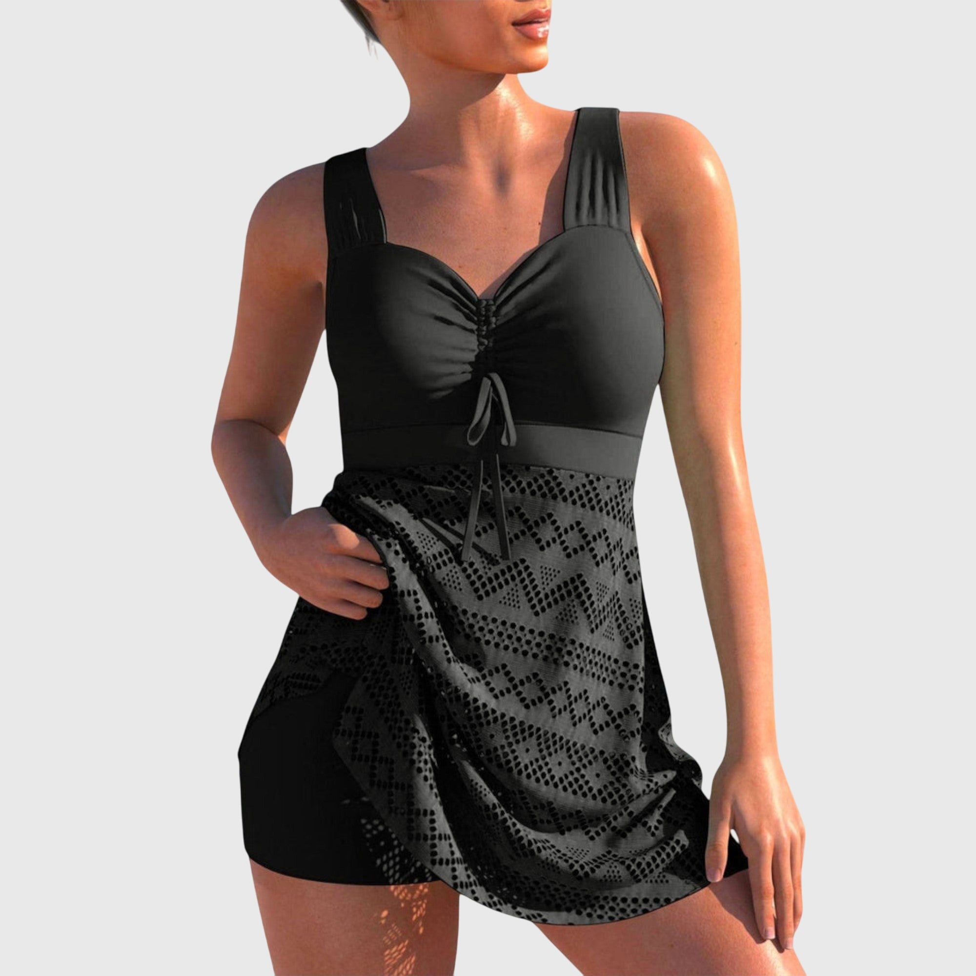 Two-Piece Swimsuit with Skirt Black, photo studio
