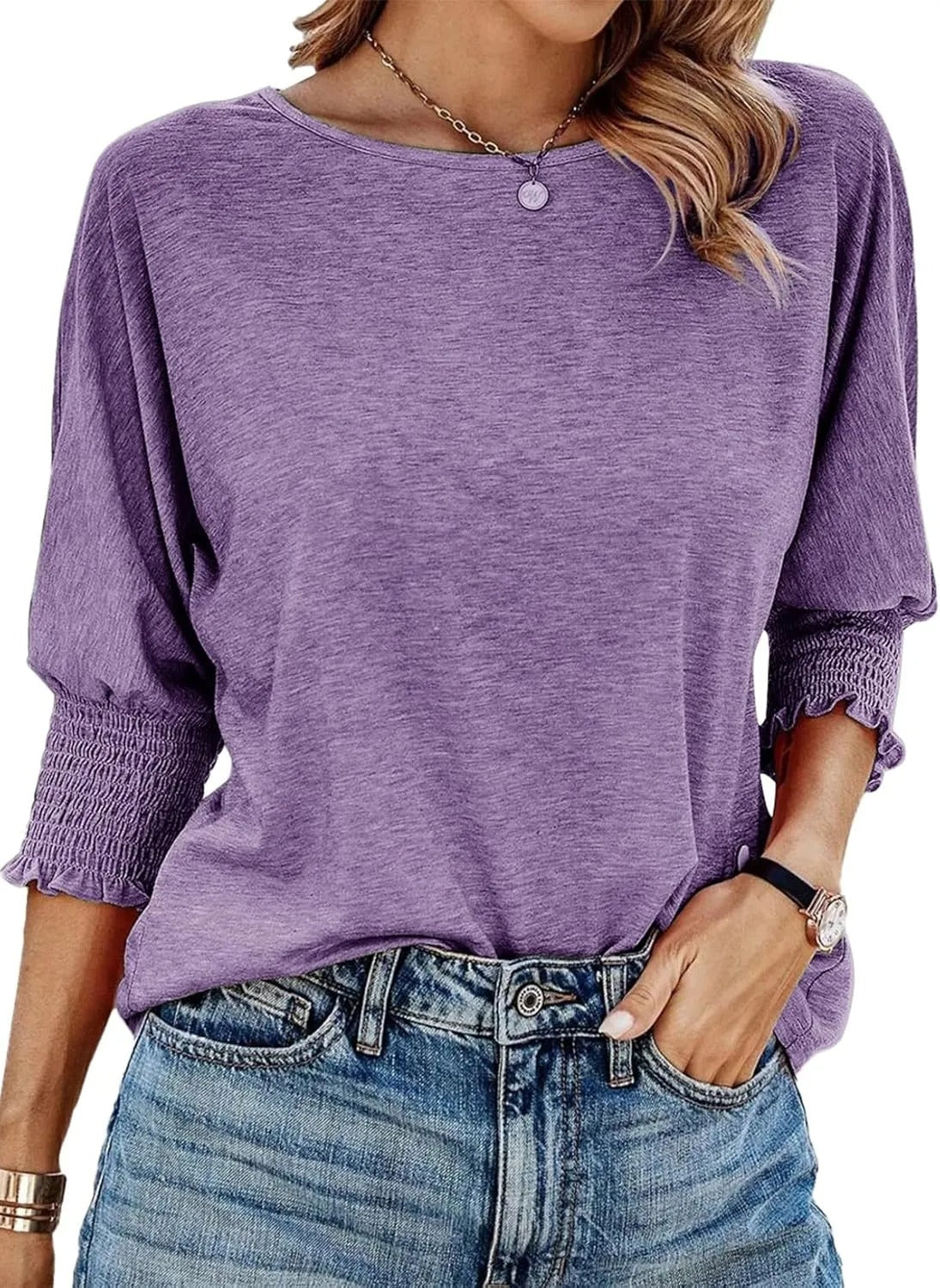 Fay | Round-Neck Blouse with Pleated Sleeves Wisteria, studio photo