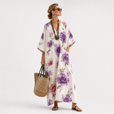 Long Kaftan in White Purple Peony