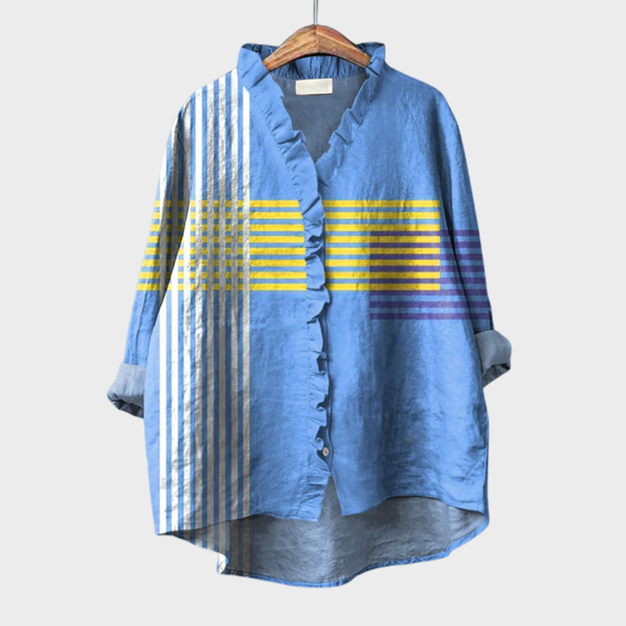 Elegant Summer Blouse in Blue Ruffle Stripe