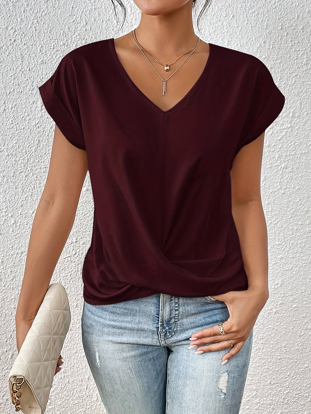 Sybil | Soft V-Neck Top Burgundy, studio photo