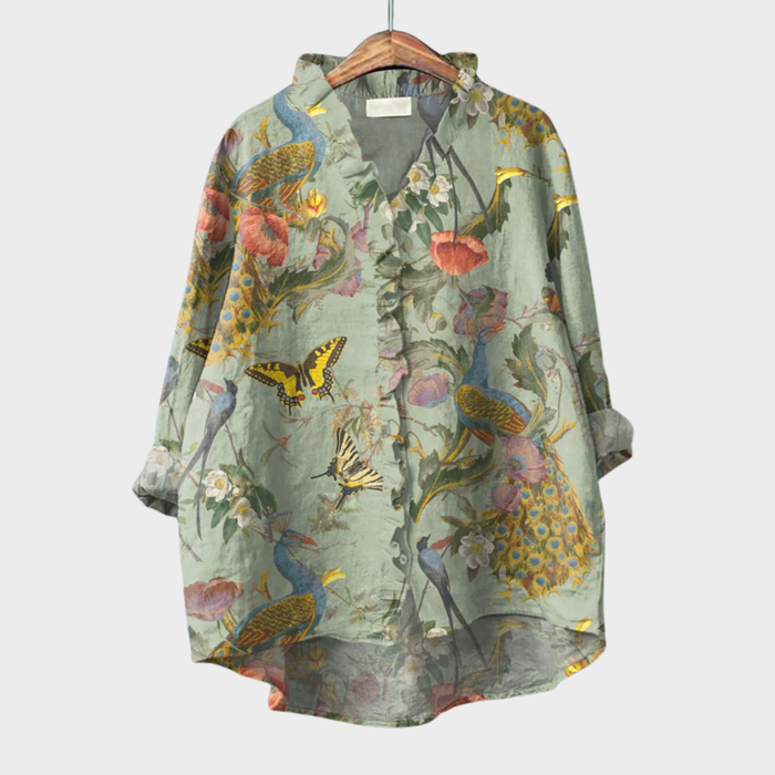 Elegant Summer Blouse in Sage Butterfly and Bird