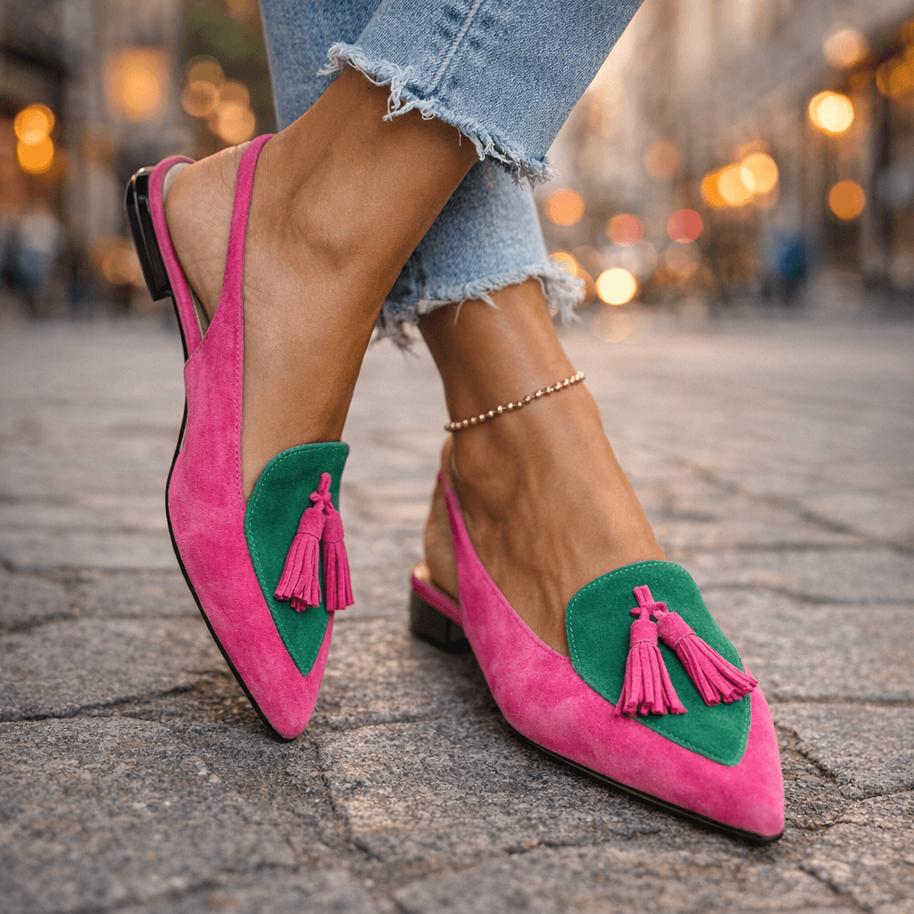 Dorotea Elegant Tassel Slingback Flats Pink, photo studio