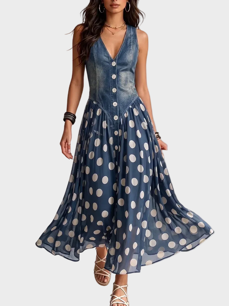 Veda | Denim Dress with Polka Dot Chiffon Hem