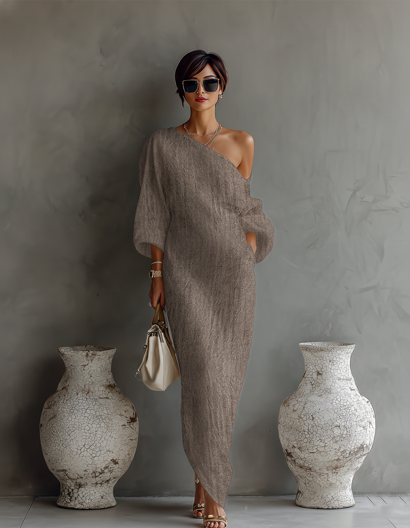 Alice | One-Shoulder Linen Maxi Dress Khaki, studio photo