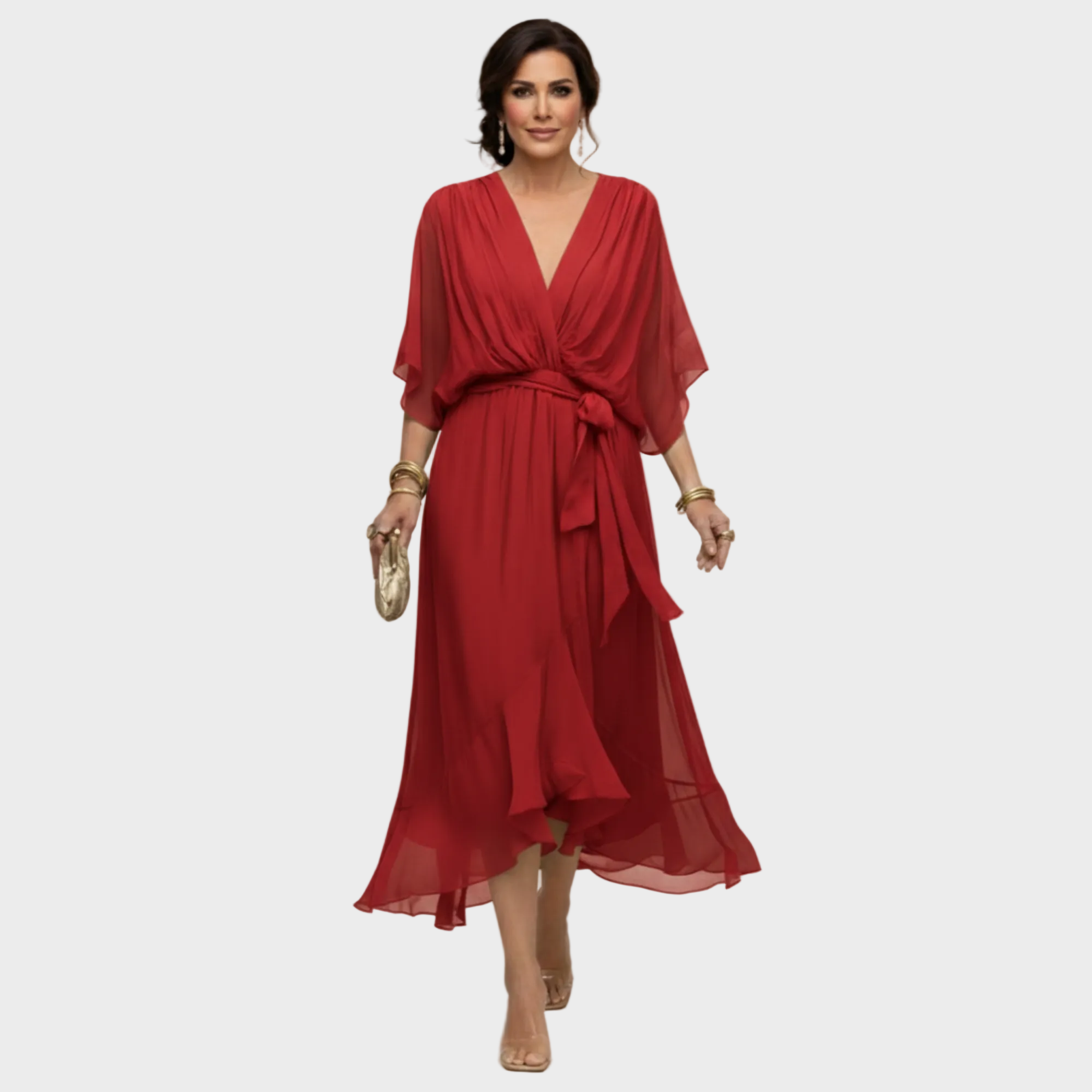 Monica | V-Neck Chiffon Dress Red, photo studio