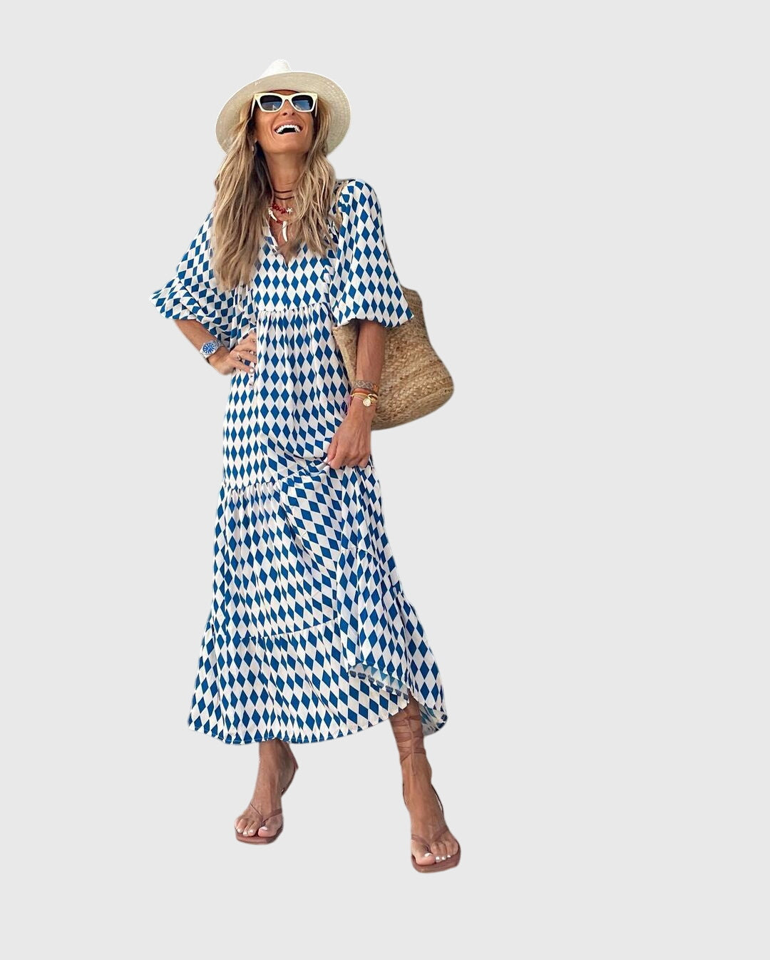 Bohemian Maxi Dress Blue, studio photo