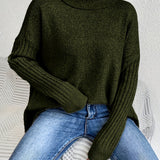 Long Split-Hem Turtleneck Jumper