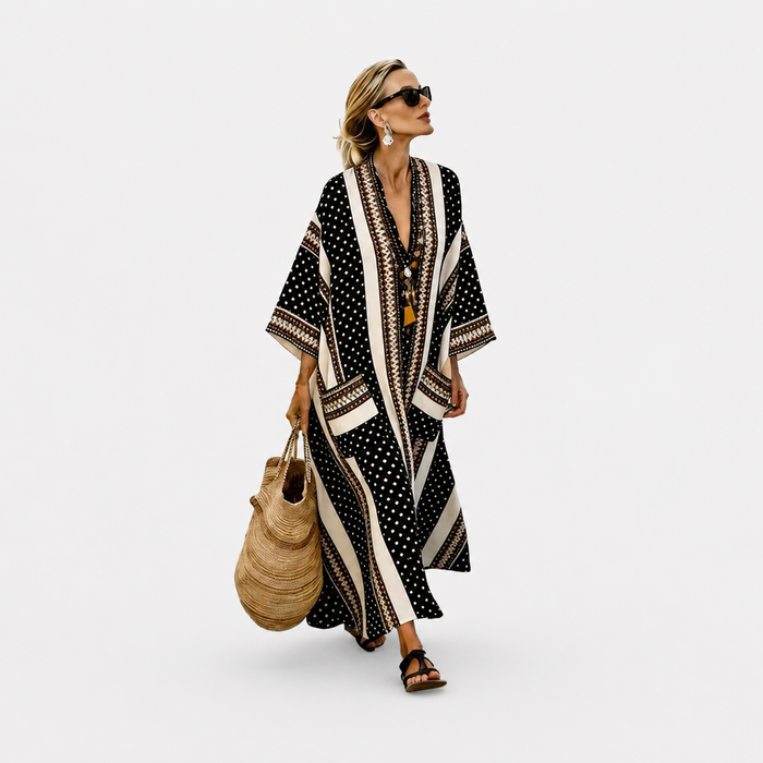 Elegant Kaftan in Black Polka Dot Stripe