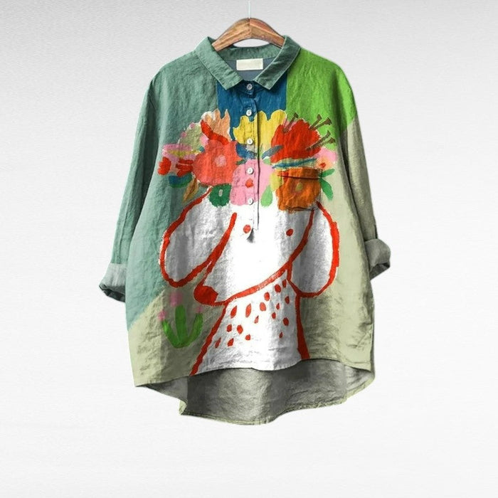 Elegant Summer Blouse in Green Poppy Vase