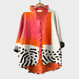 Elegant Summer Blouse in Coral Colourblock Ruffle