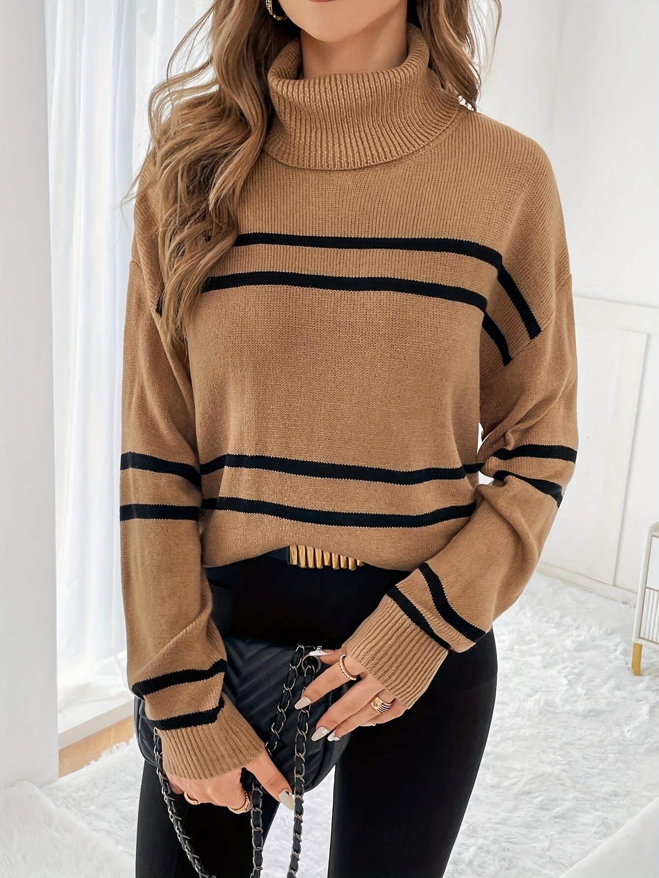 Camel Striped Turtleneck Jumper