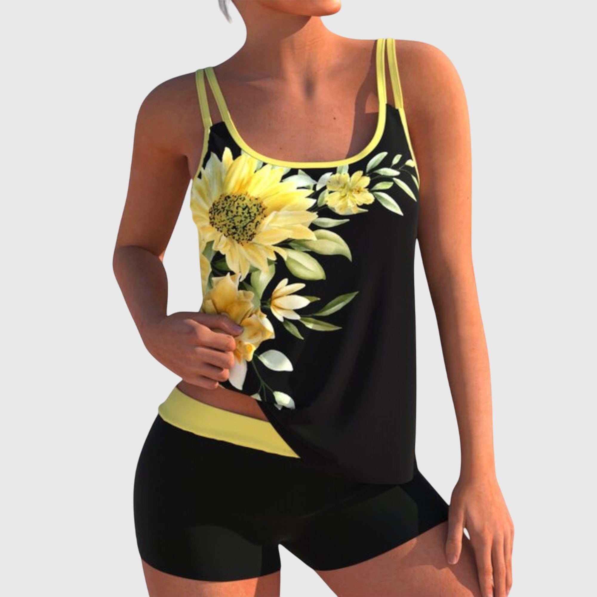 Two-Piece Floral Swimsuit Yellow, photo studio