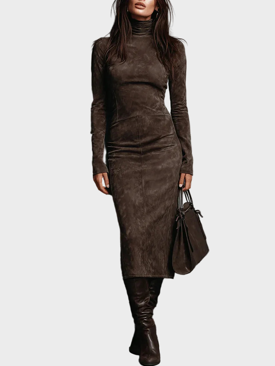 Long-Sleeve Midi Dress Coffee, photo studio