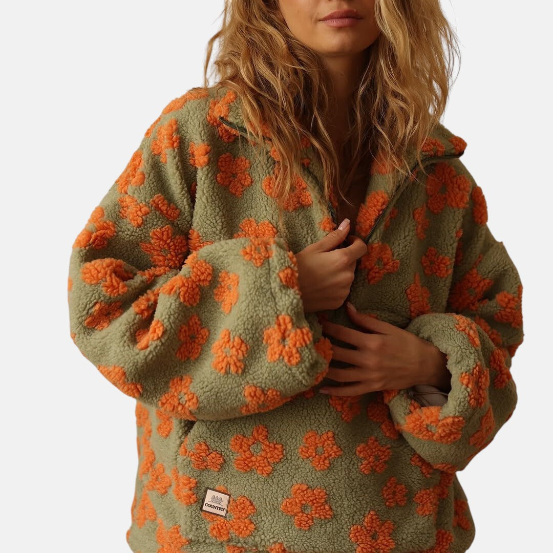 Floral Half-Zip Fleece Orange, studio photo