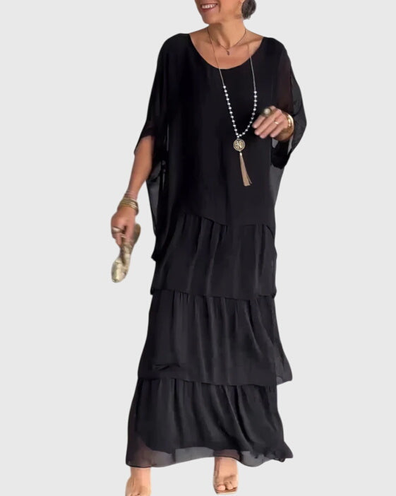 Elegant Flowy Maxi Dress Black, studio photo