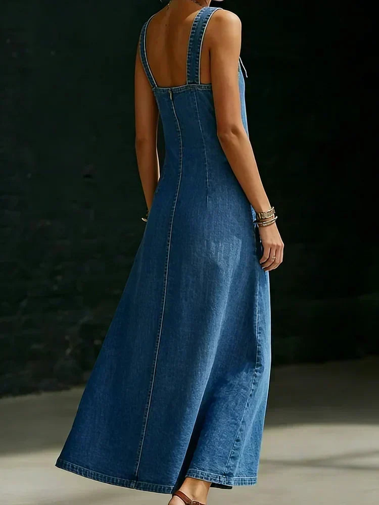 Asymmetric Button Denim Maxi Dress