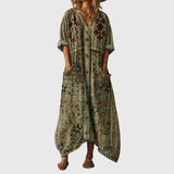 Jane | Colourful Print Maxi Dress in Olive Damask