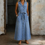 Sleeveless Light Blue Denim Maxi Dress
