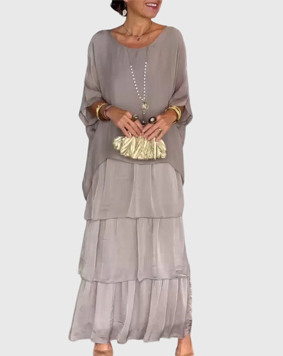 Elegant Flowy Maxi Dress Grey, studio photo