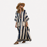 Elegant Kaftan in Navy Pinstripe with Border