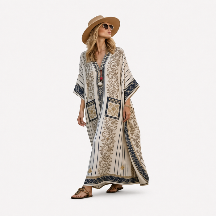 Elegant Kaftan in Ivory Damask