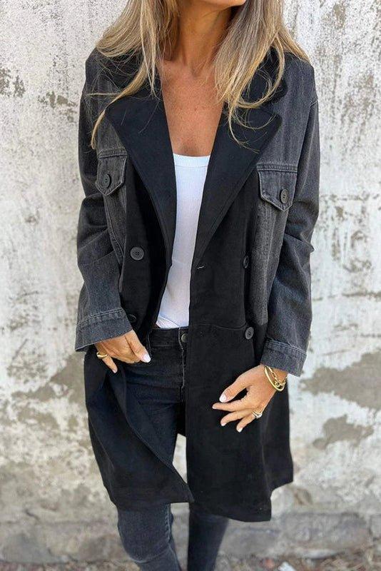 Two-Tone Long Denim Coat Black, studio photo