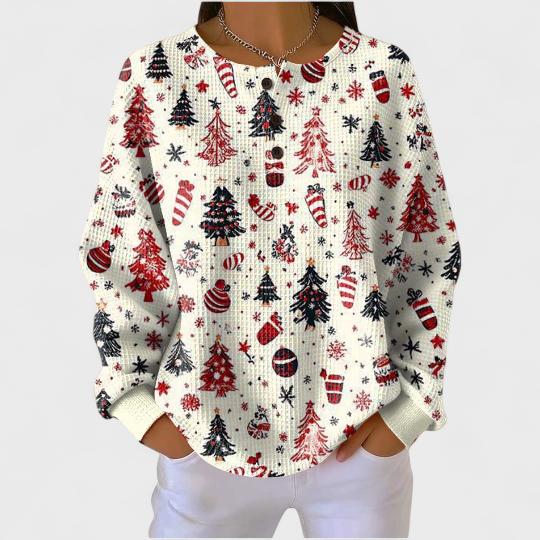 Cream Christmas Motif Waffle Jumper Red, studio photo