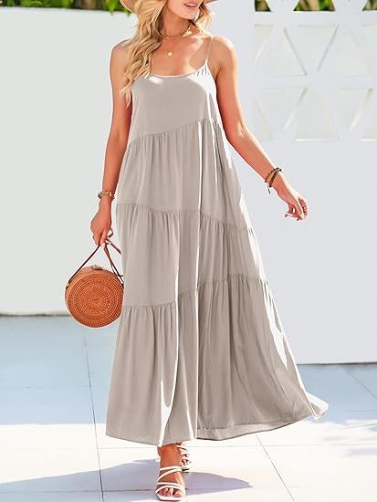Eloisa | Airy Tiered Ruffle Dress Beige, studio photo