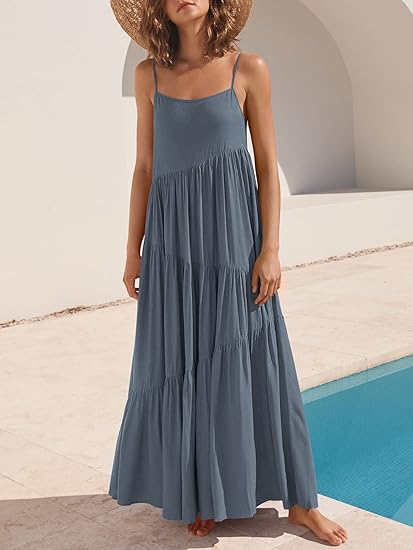 Eloisa | Airy Tiered Ruffle Dress Blue Grey, studio photo