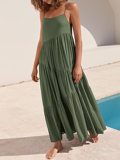 Eloisa | Airy Tiered Ruffle Dress Olive, studio photo