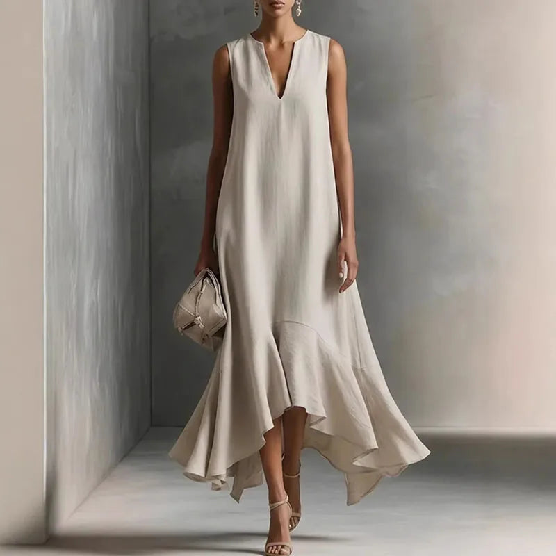 Juliana | Flowy Sleeveless Dress with Asymmetric Ruffle Khaki, studio photo