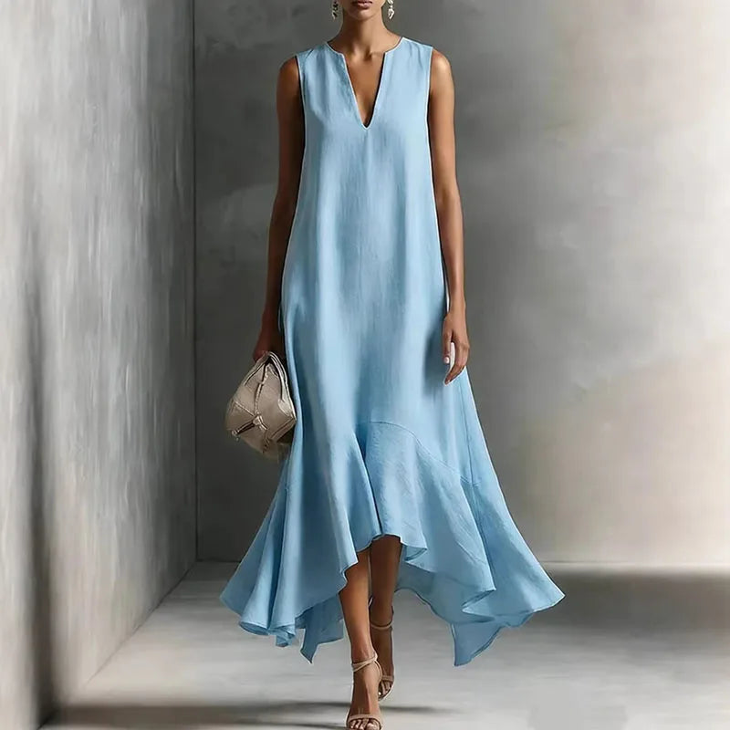 Juliana | Flowy Sleeveless Dress with Asymmetric Ruffle Light Blue, studio photo