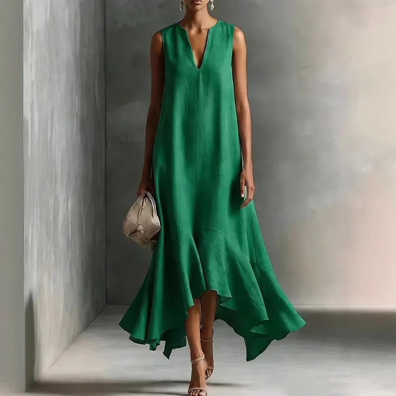 Juliana | Flowy Sleeveless Dress with Asymmetric Ruffle Green, studio photo