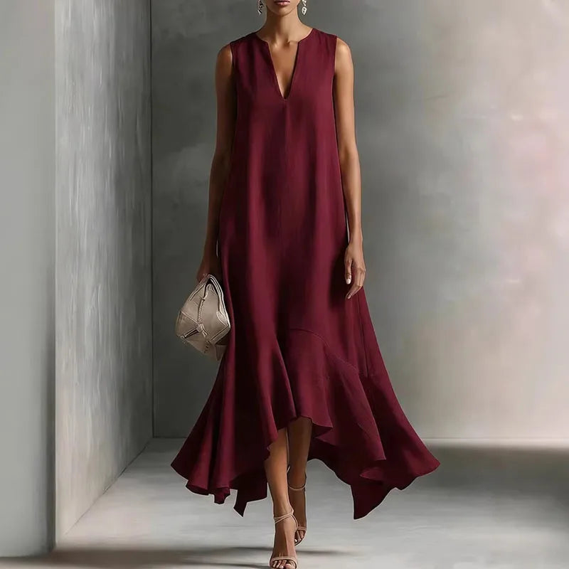 Juliana | Flowy Sleeveless Dress with Asymmetric Ruffle Wine Red, studio photo