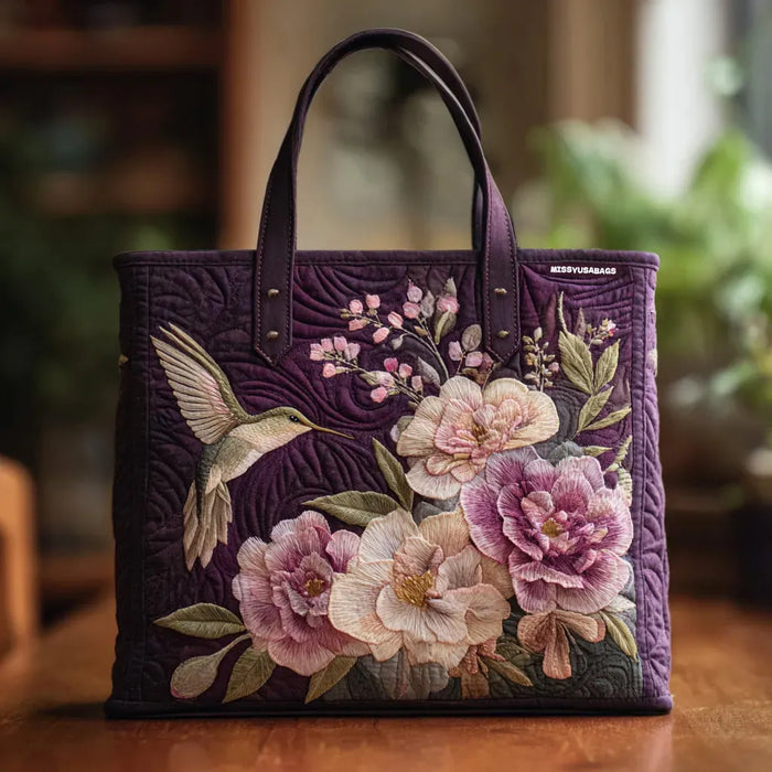 Quilted Handcrafted Bag - Hummingbird and Peonies