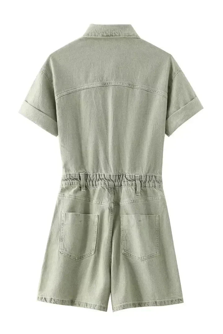 Buttoned Shirt-Collar Denim Overalls