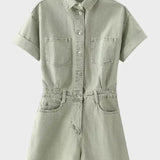 Buttoned Shirt-Collar Denim Overalls